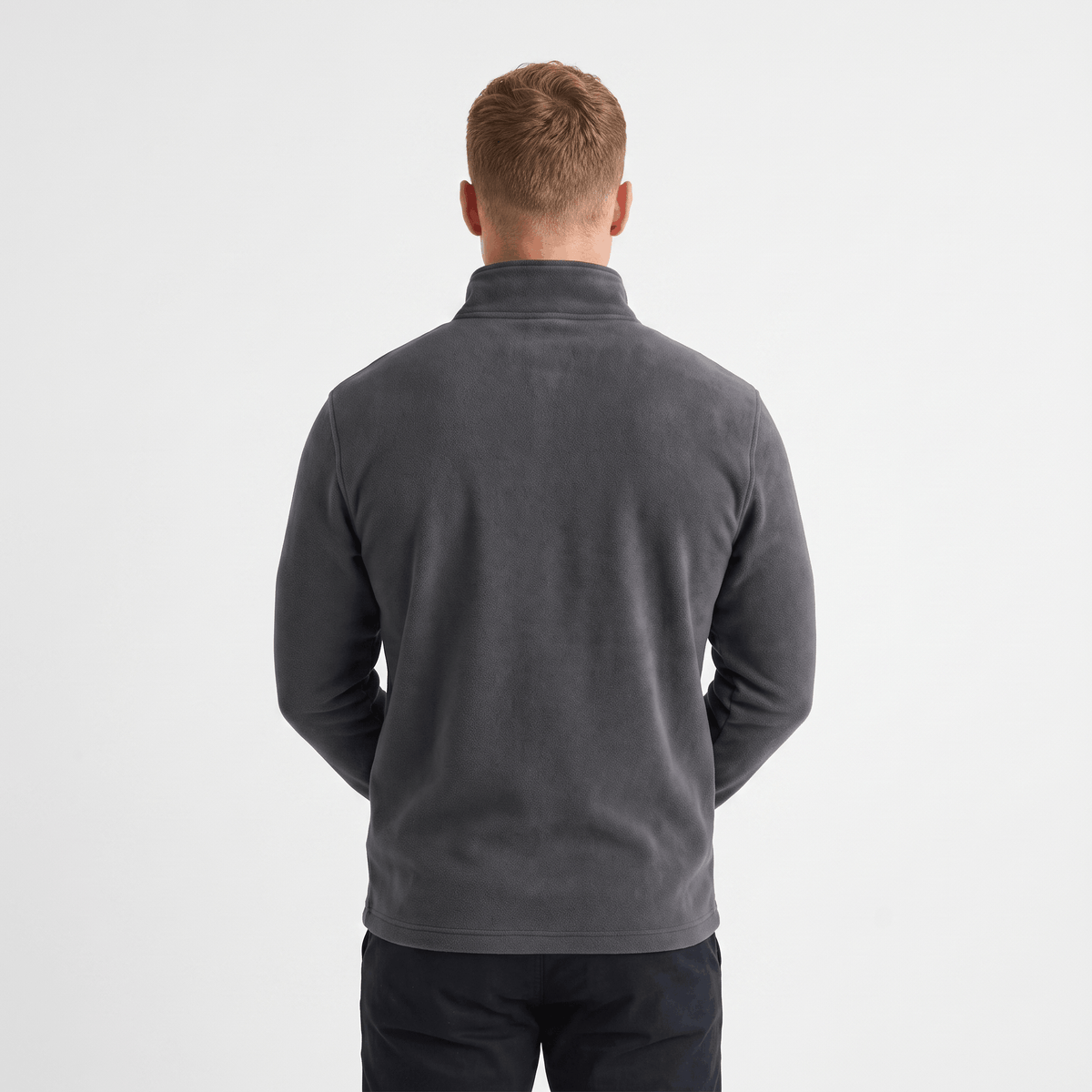 Back view of a men's charcoal gray quarter-zip knit sweater with a stand collar and classic fit.