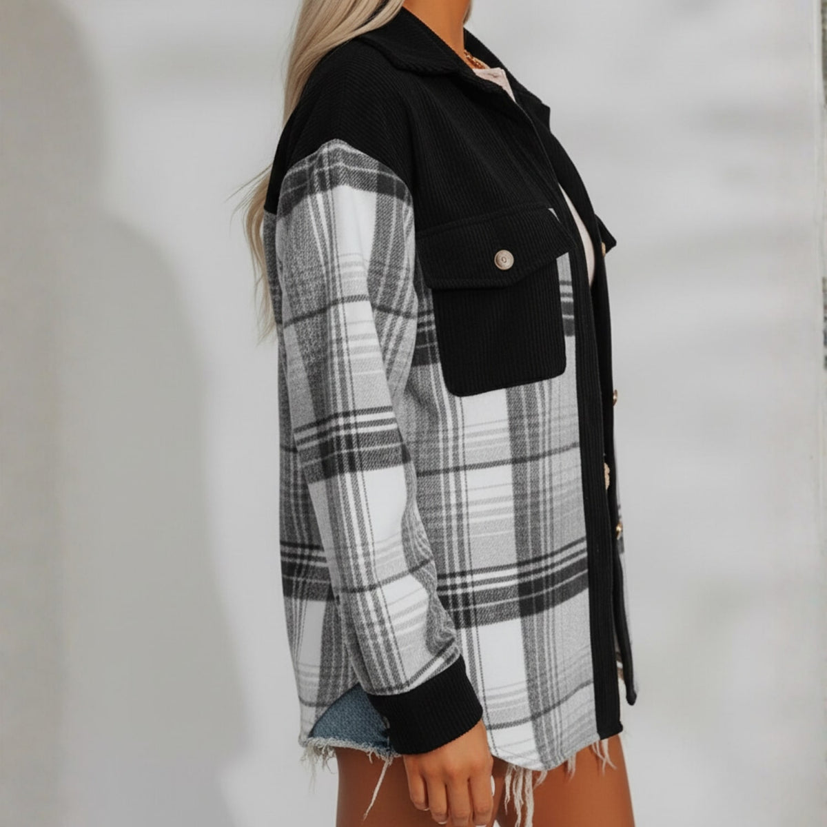 Mariana Women’s Plaid Shacket – Brushed Fabric Overshirt with Corduroy Collar