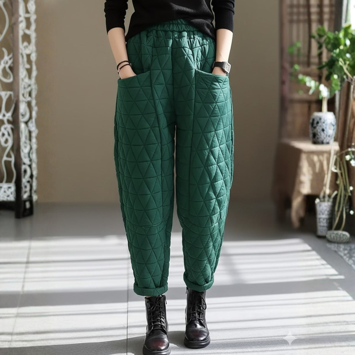 Elara Women’s Quilted Jogger Pants – Diamond Padded Thermal Cotton Pants