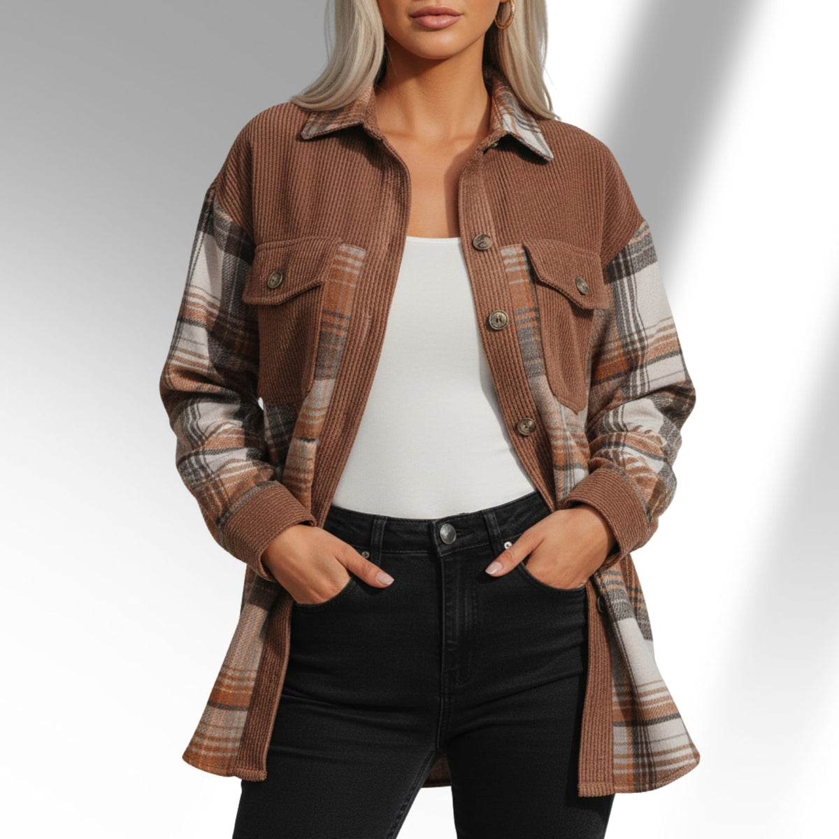 Mariana Women’s Plaid Shacket – Brushed Fabric Overshirt with Corduroy Collar