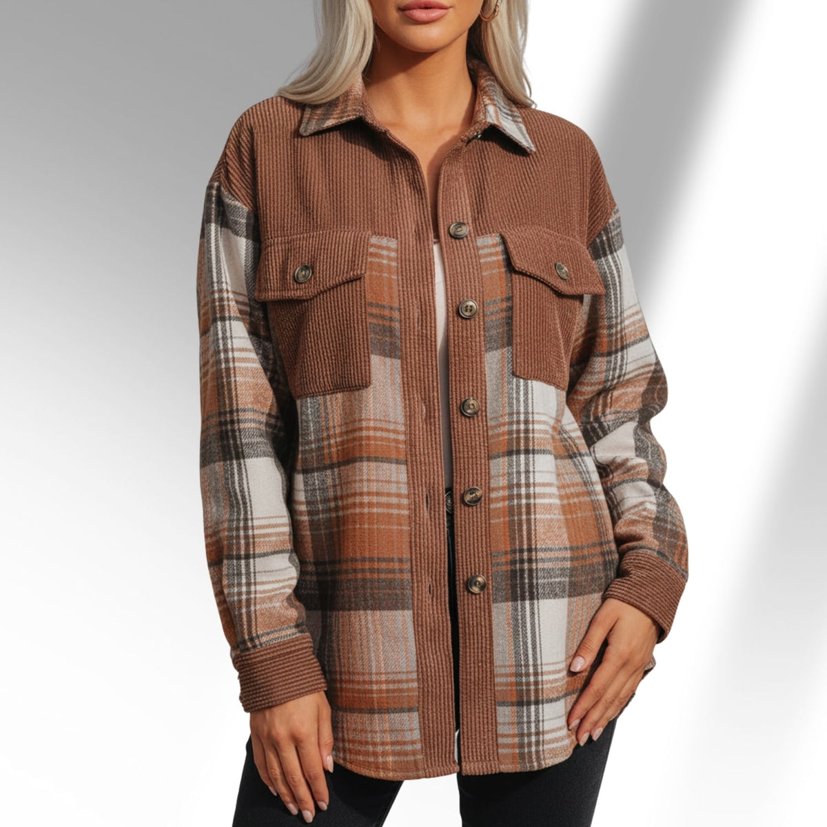 Mariana Women’s Plaid Shacket – Brushed Fabric Overshirt with Corduroy Collar