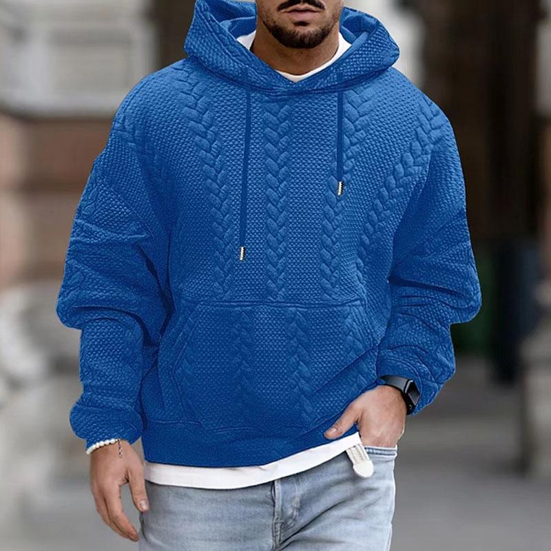 Blue cable knit hoodie for men with a drop shoulder, relaxed fit, drawstring hood, and kangaroo pocket