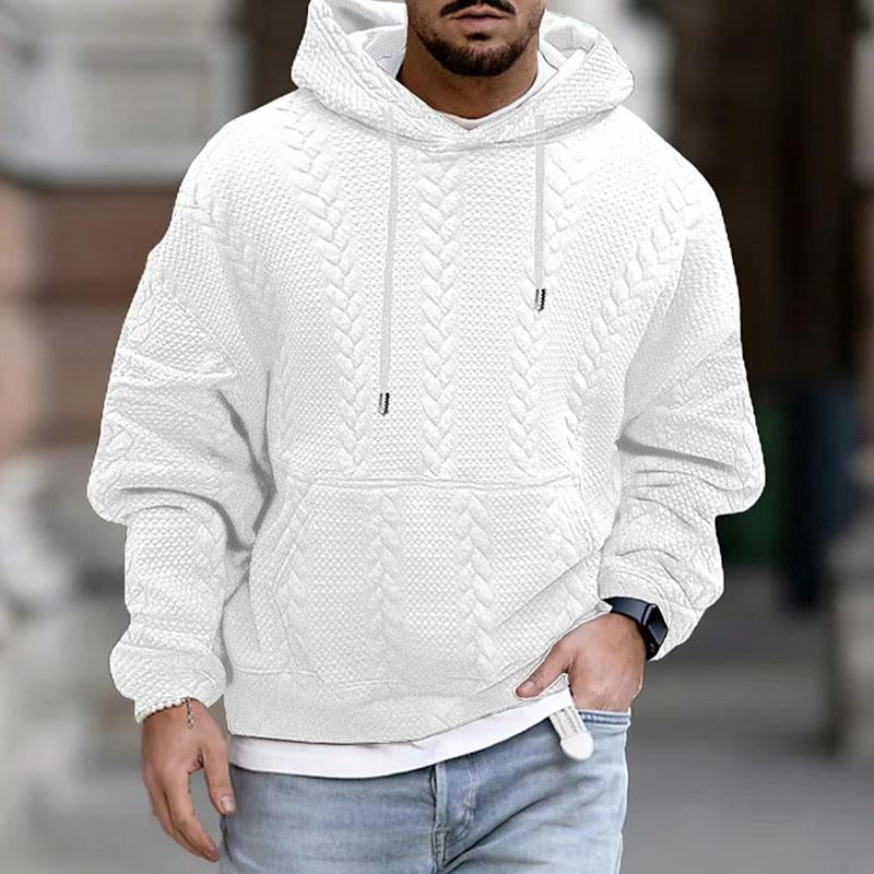 White cable knit hoodie for men with a drop shoulder, relaxed fit, drawstring hood, and kangaroo pocket