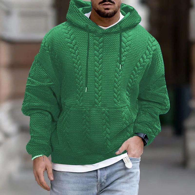 Green cable knit hoodie for men with a drop shoulder, relaxed fit, drawstring hood, and kangaroo pocket