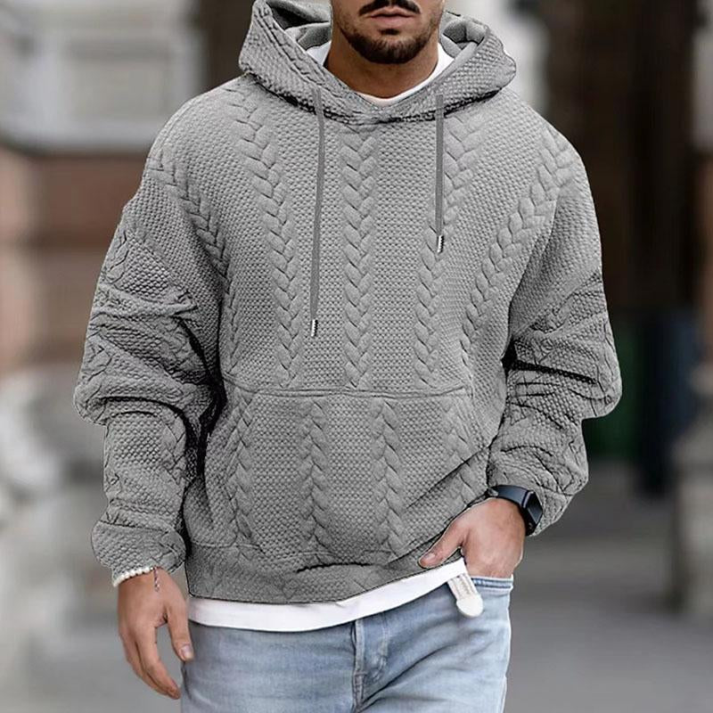 Gray cable knit hoodie for men with a drop shoulder, relaxed fit, drawstring hood, and kangaroo pocket