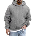 Gray cable knit hoodie for men with a drop shoulder, relaxed fit, drawstring hood, kangaroo pocket, and textured cable knit pattern