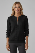 Black cable knit quarter-zip sweater worn by a female model, front view
