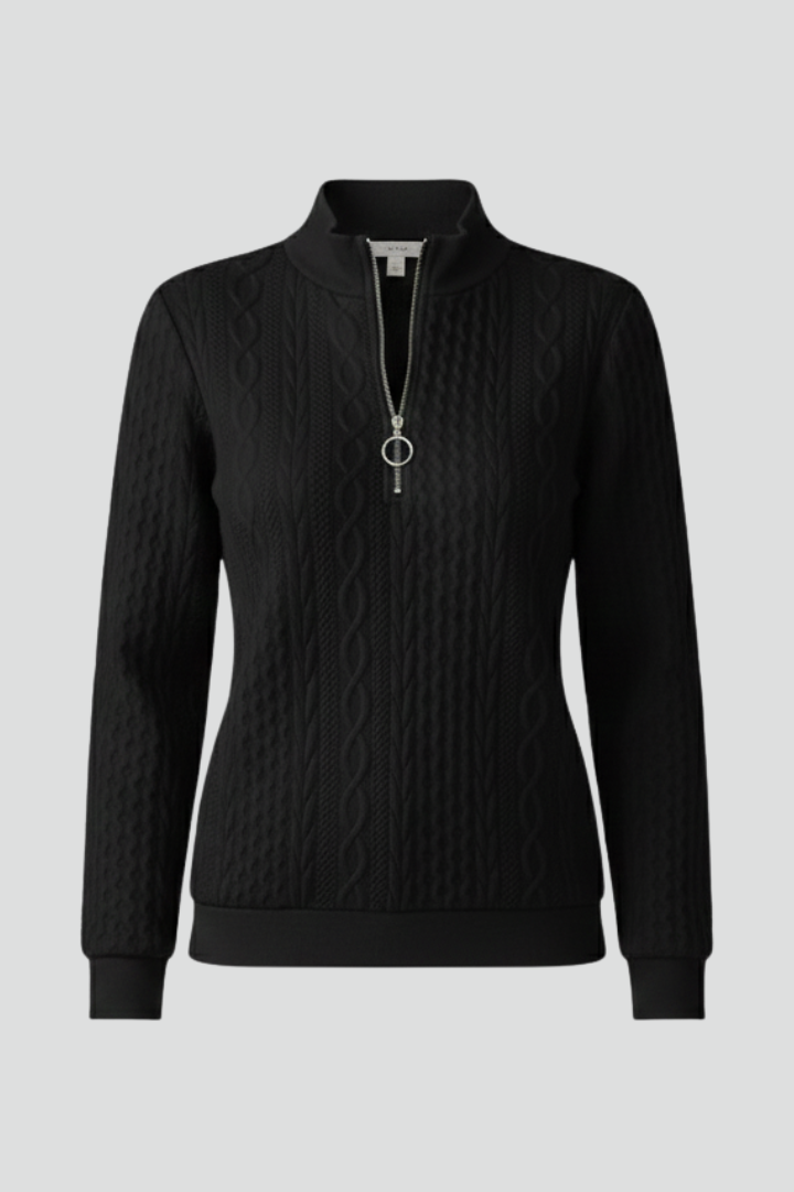 Black cable knit quarter-zip sweater with a stand collar, long sleeves, ribbed cuffs, and hem