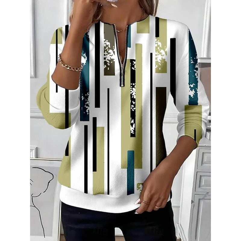 White, Black, and Olive Green vertical striped quarter-zip pullover sweater with long sleeves