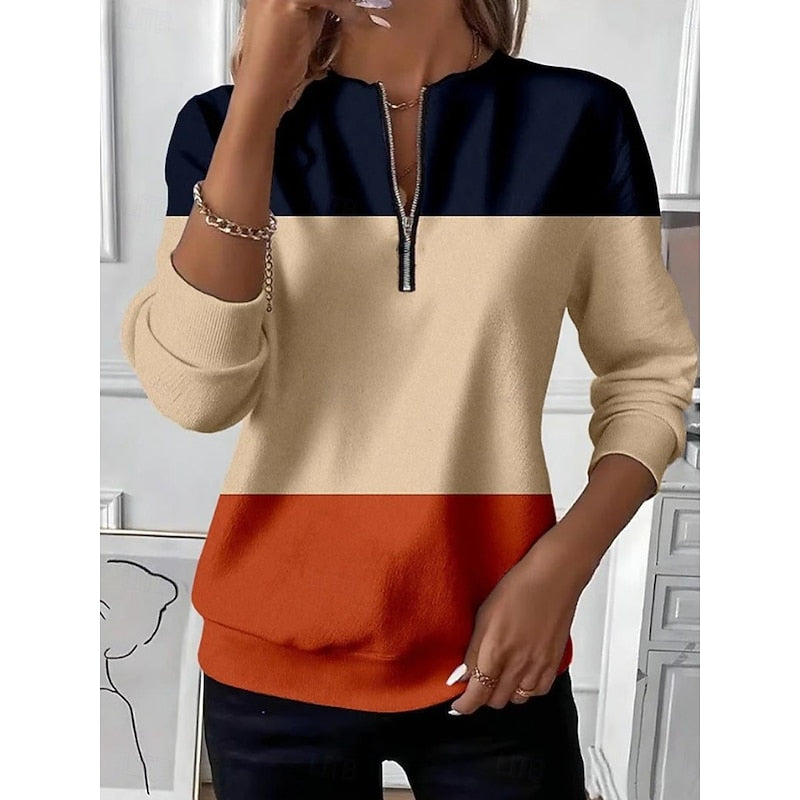 Navy Blue, Beige, and Orange color block quarter-zip pullover sweater with long sleeves