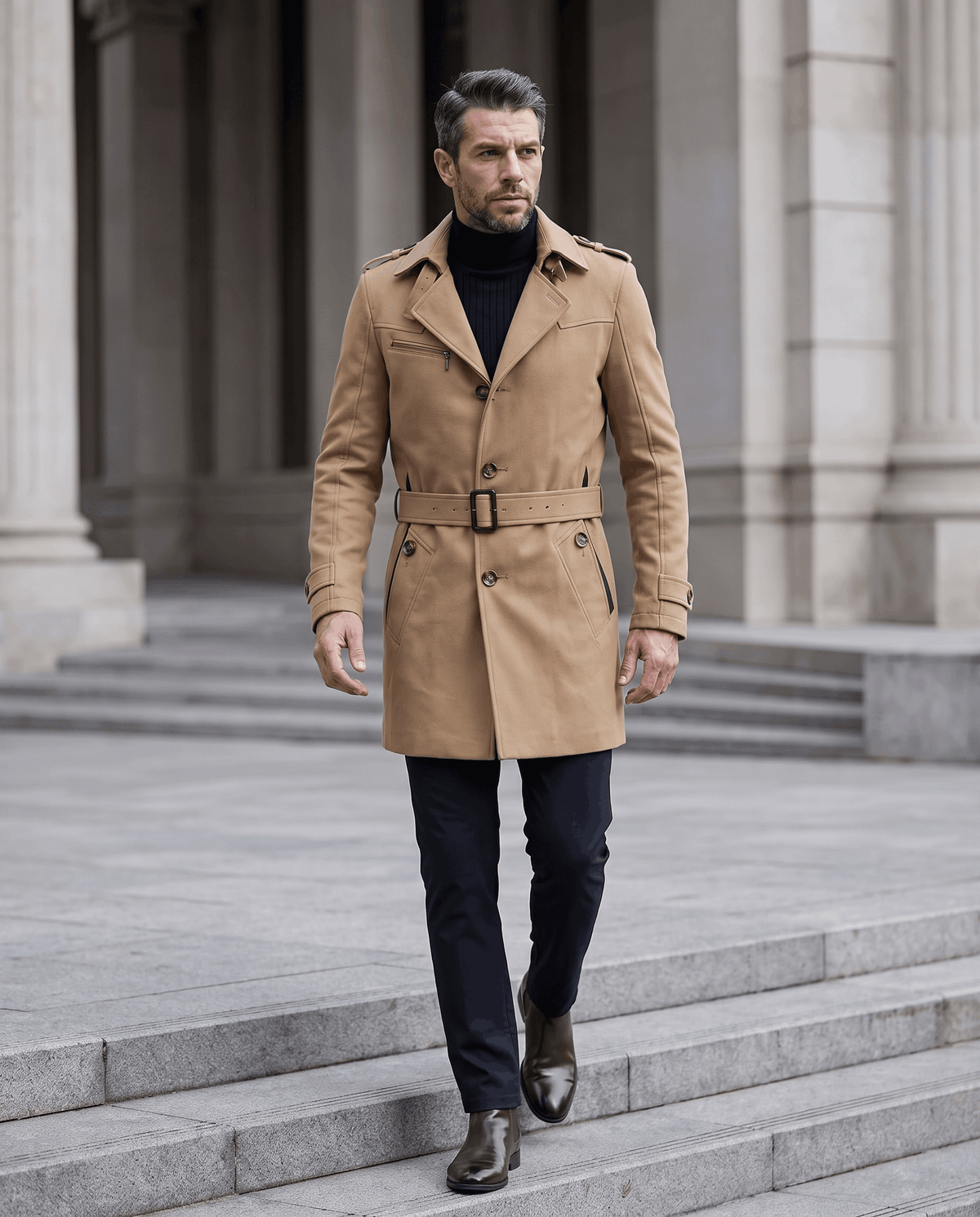 A man wearing a camel cotton blend trench coat with a belted waist, button closure, and tailored lapels, walking on outdoor steps