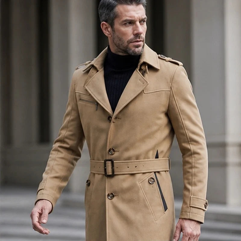 A man wearing a camel cotton blend trench coat with a belted waist, shown from the front