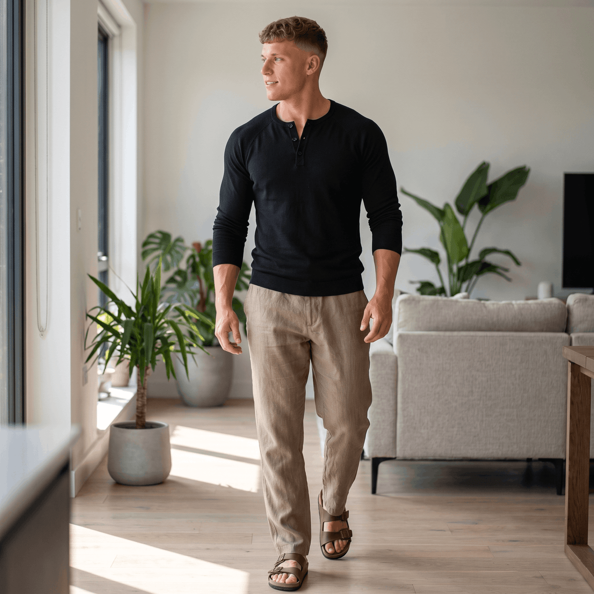 Man wearing a black waffle knit Henley sweater with khaki trousers in a bright contemporary home interior.