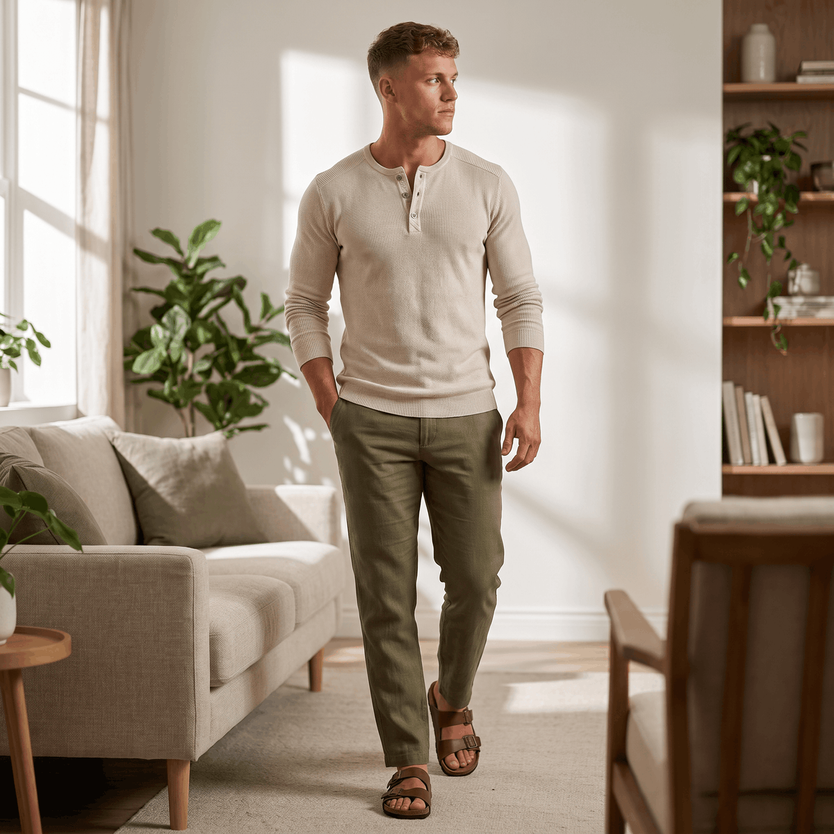 Man wearing a cream waffle knit Henley sweater paired with olive green trousers in a stylish indoor living room.