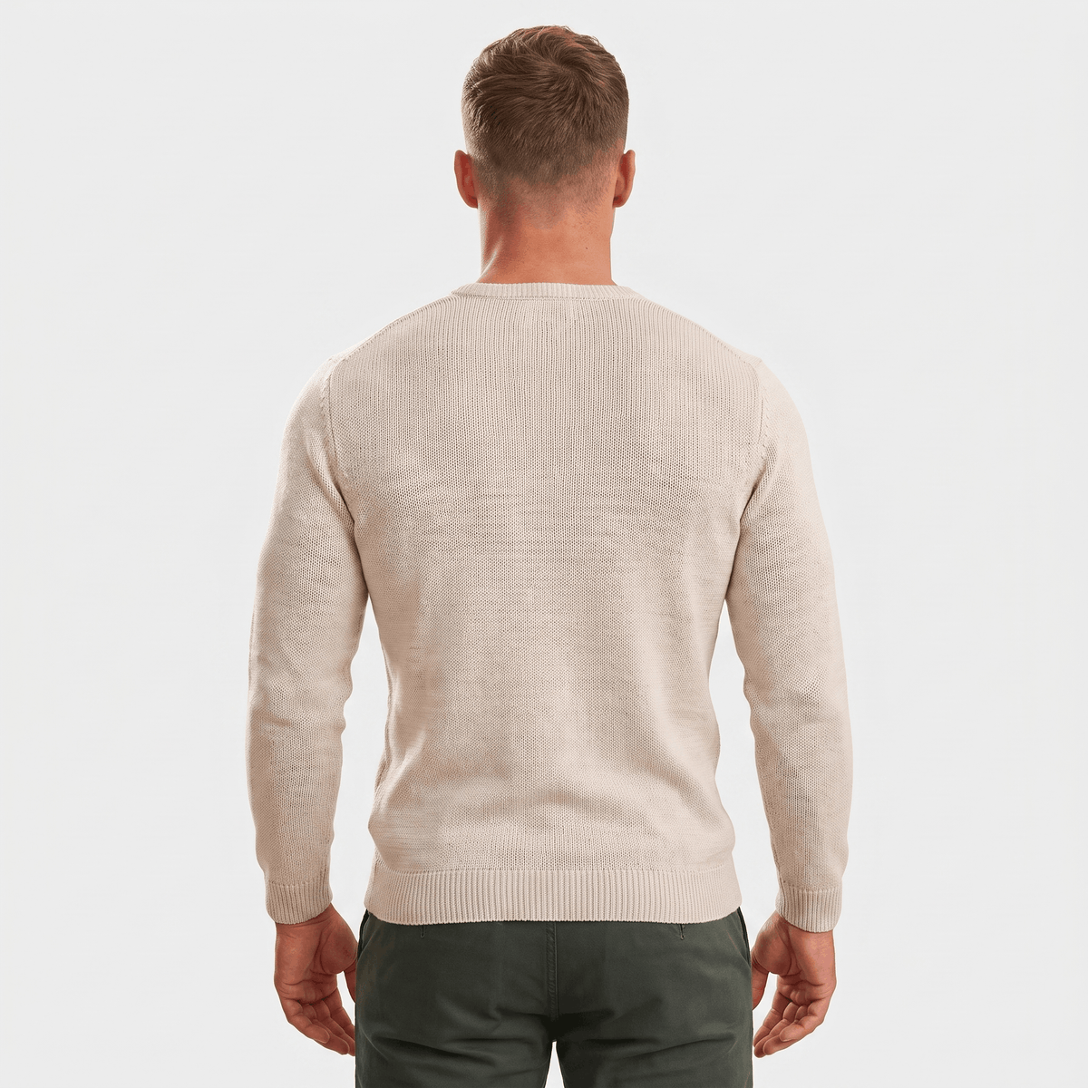 Back view of a men's cream waffle knit Henley sweater with a classic fit, ribbed hem, and long sleeves.