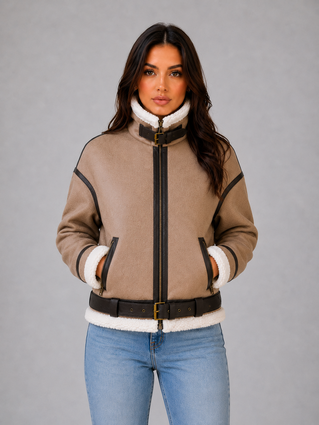 Beige cropped shearling aviator jacket for women worn by a female model, front view with teddy lining and buckle belt