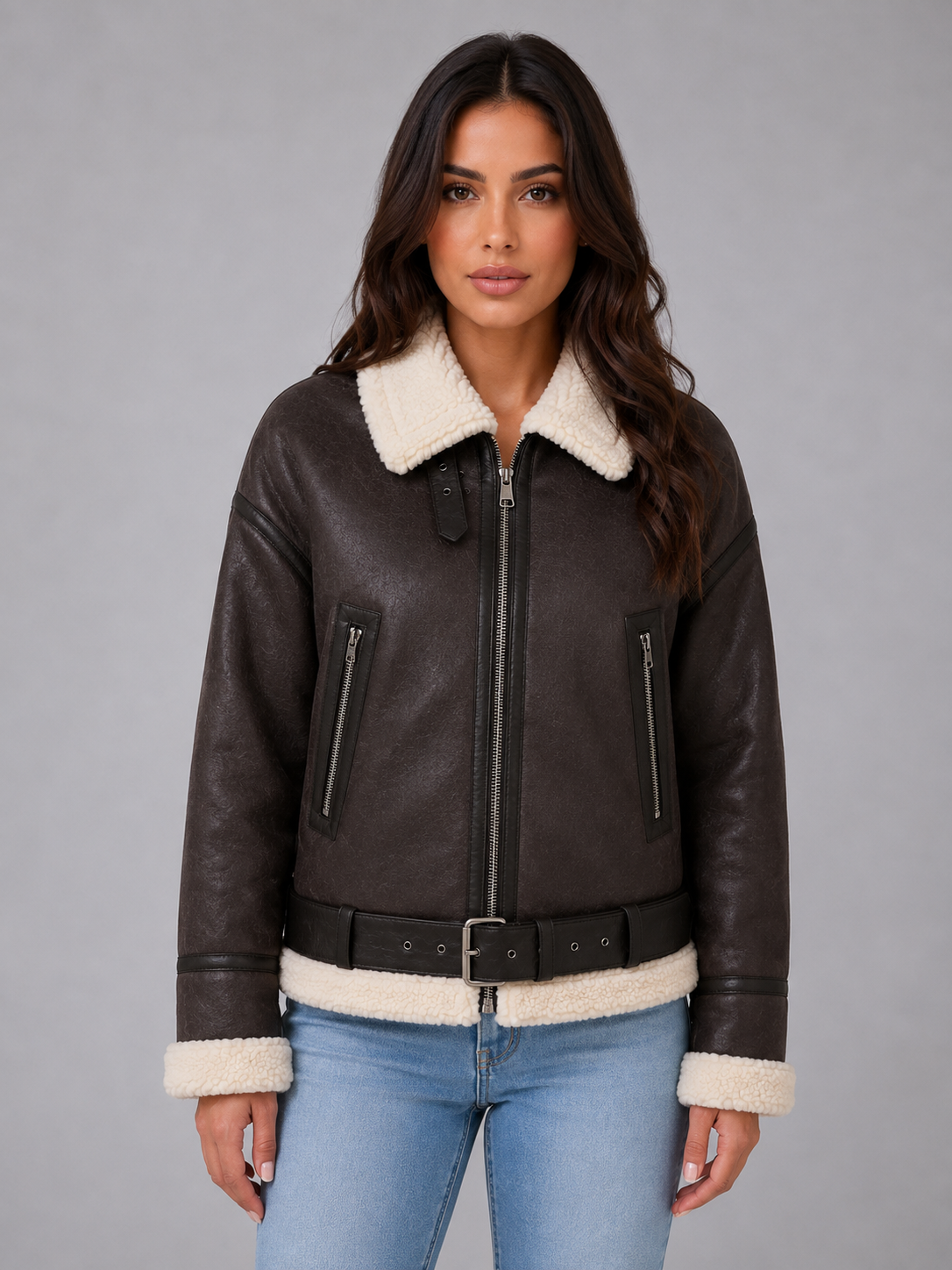 Dark Brown cropped shearling aviator jacket for women worn by a female model, front view with teddy lining and buckle belt