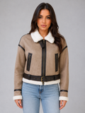 Beige Cropped Shearling Aviator Jacket for Women with teddy lining, buckle belt, and zip pockets