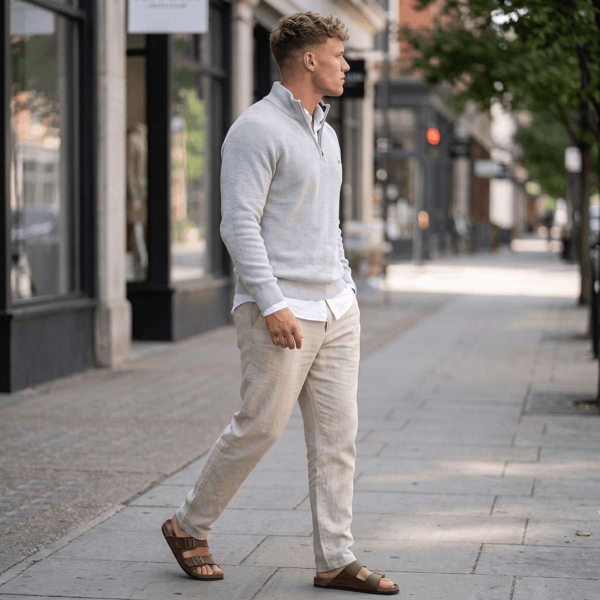 Man wearing a light gray ribbed quarter-zip knit sweater with light-colored trousers walking along a city sidewalk.