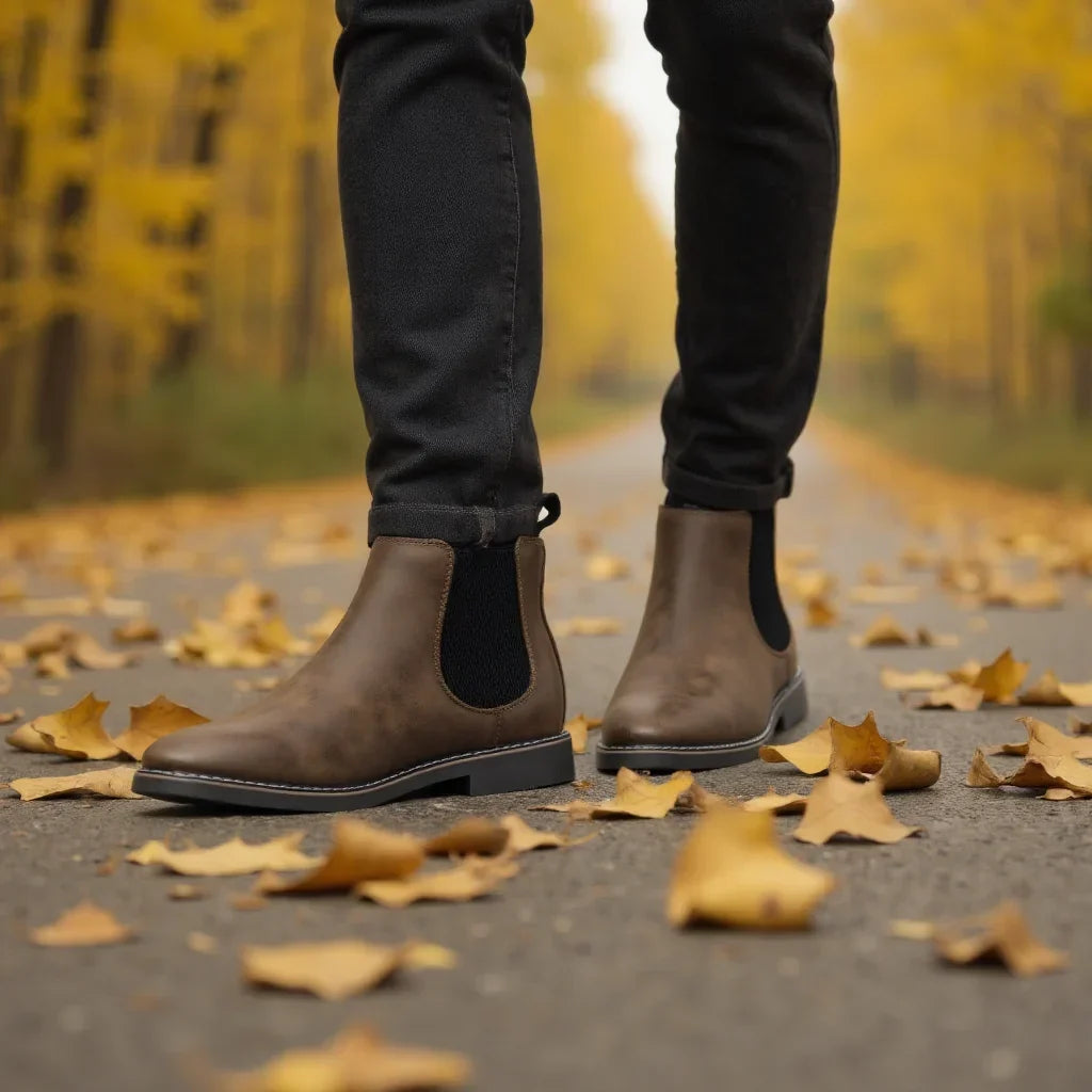 Distressed dark brown leather Chelsea boots with black elastic gore panels and a stitched welt sole worn on an autumn path.
