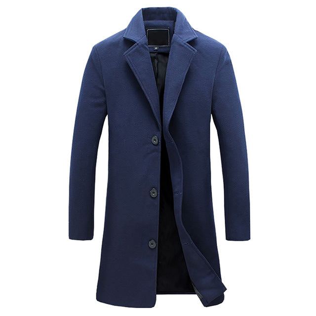 A navy blue double-breasted winter trench coat with a tailored longline fit and full lining, shown flat