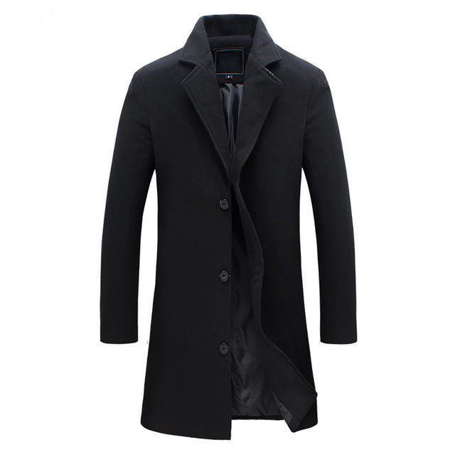 A black double-breasted winter trench coat with a tailored longline fit and full lining, shown flat