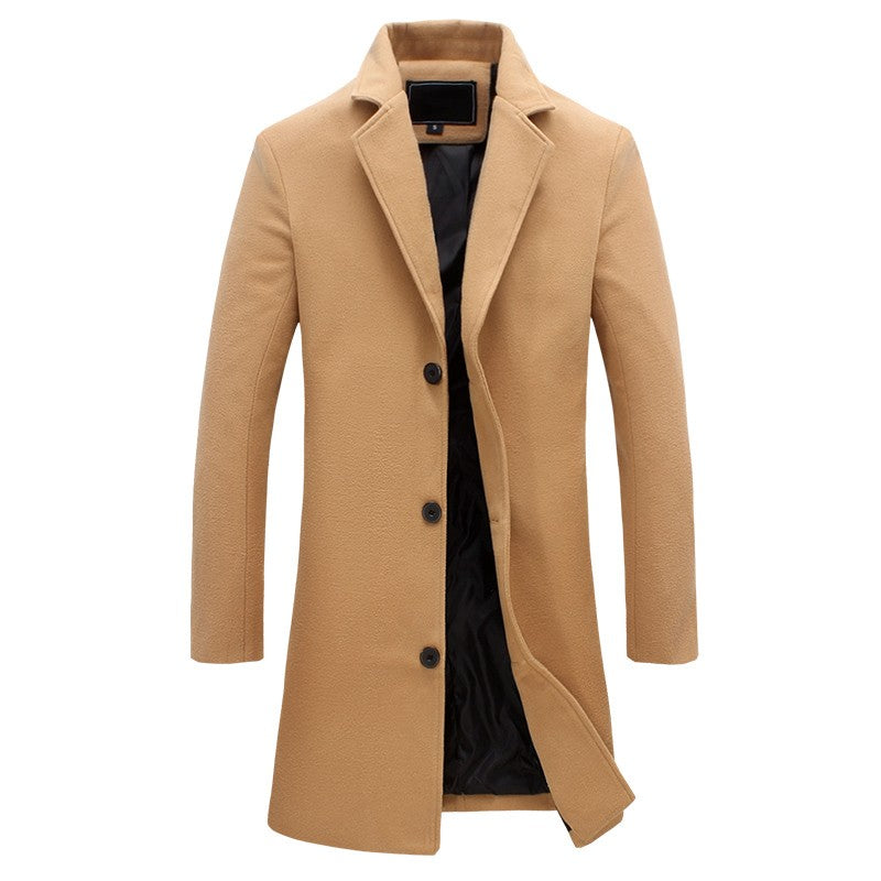 A tan double-breasted winter trench coat with a tailored longline fit and full lining, shown flat