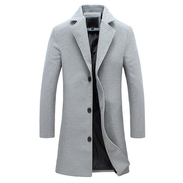 A light gray double-breasted winter trench coat with a tailored longline fit, notched lapels, and full lining, shown flat