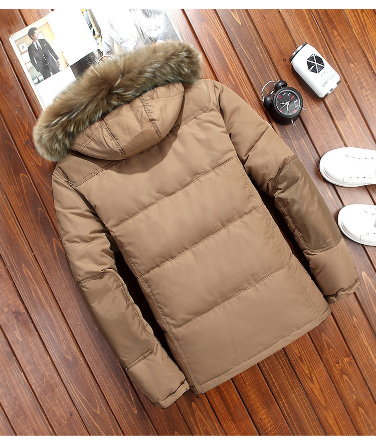 Tan quilted duck down winter parka with plush-trim hood shown from the back and side angles
