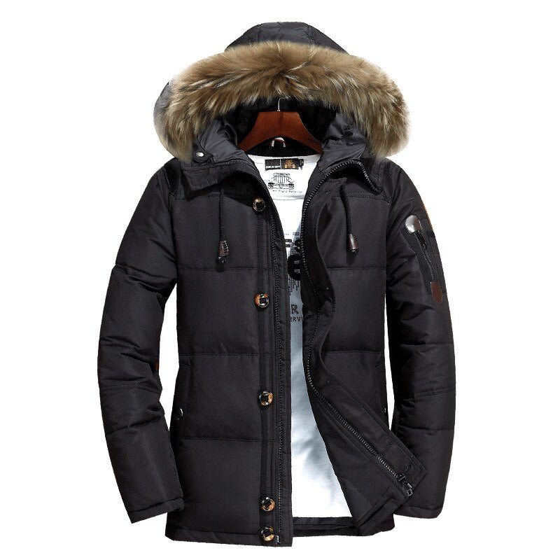 Black duck down winter parka with plush-trim hood and zip pockets