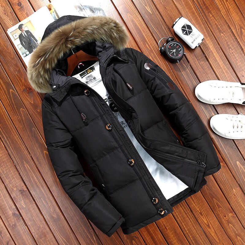 Black quilted duck down winter parka with plush-trim hood displayed flat