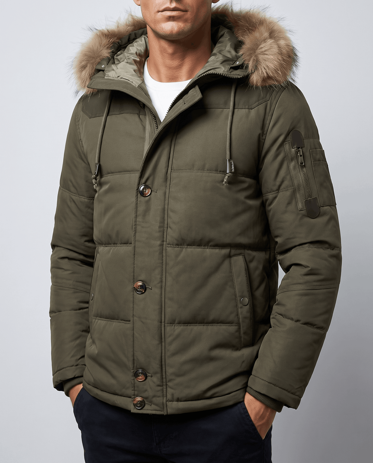 Olive green duck down winter parka with plush-trim hood and zip pockets worn by a male model