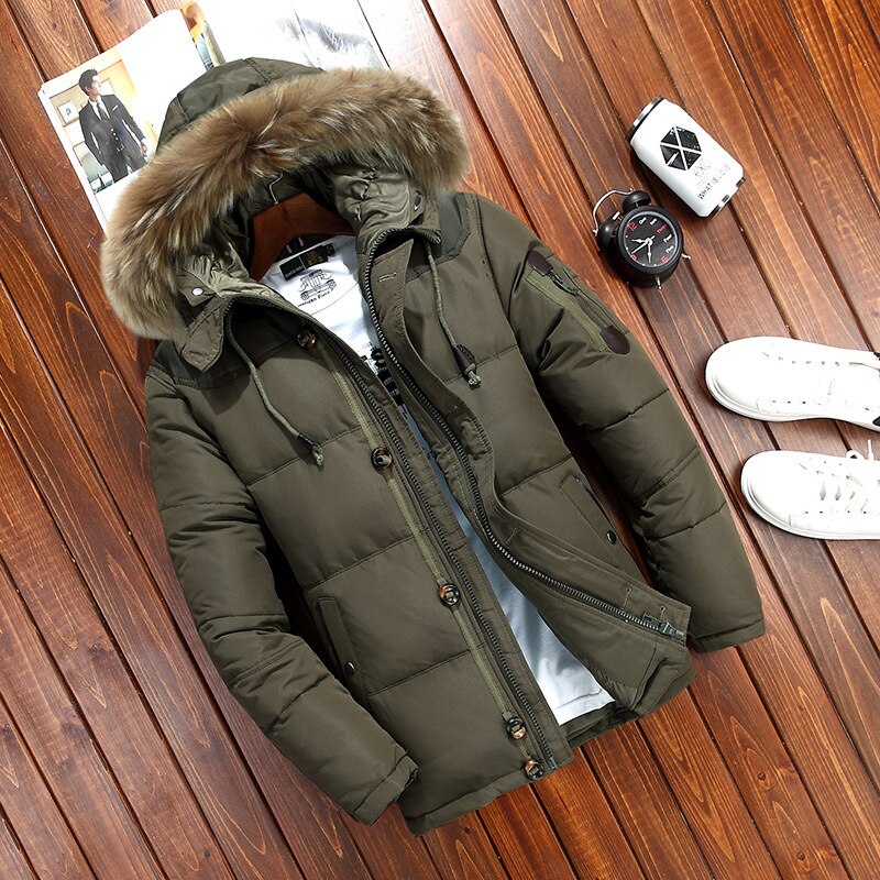 Olive green quilted duck down winter parka with plush-trim hood displayed flat
