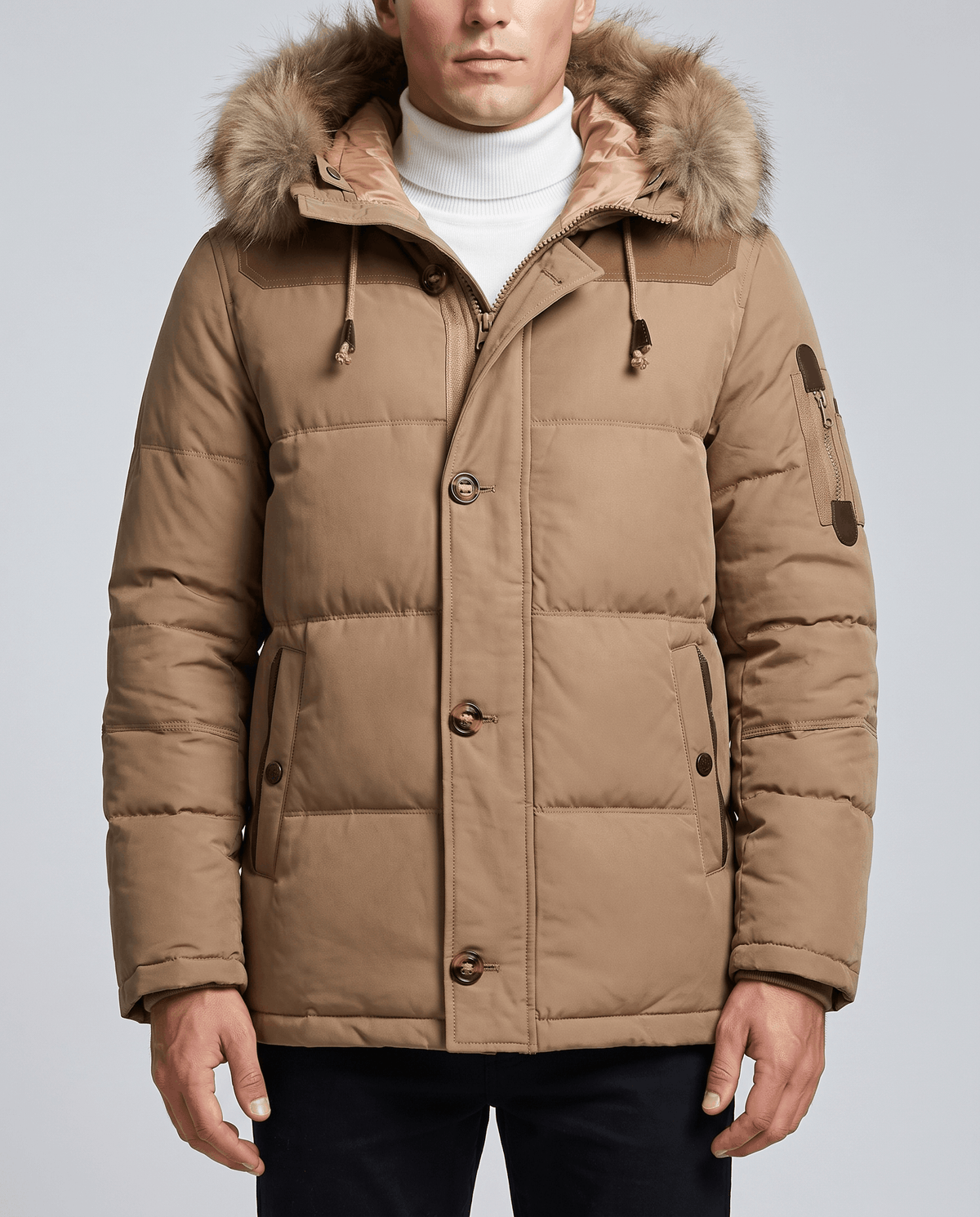 Tan duck down winter parka with plush-trim hood and zip pockets worn by a male model