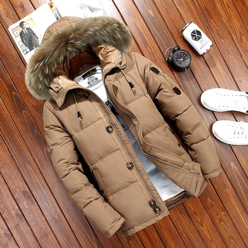 Tan quilted duck down winter parka with plush-trim hood displayed flat