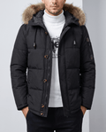Black duck down winter parka with quilted shell, plush-trim hood, and zip pockets