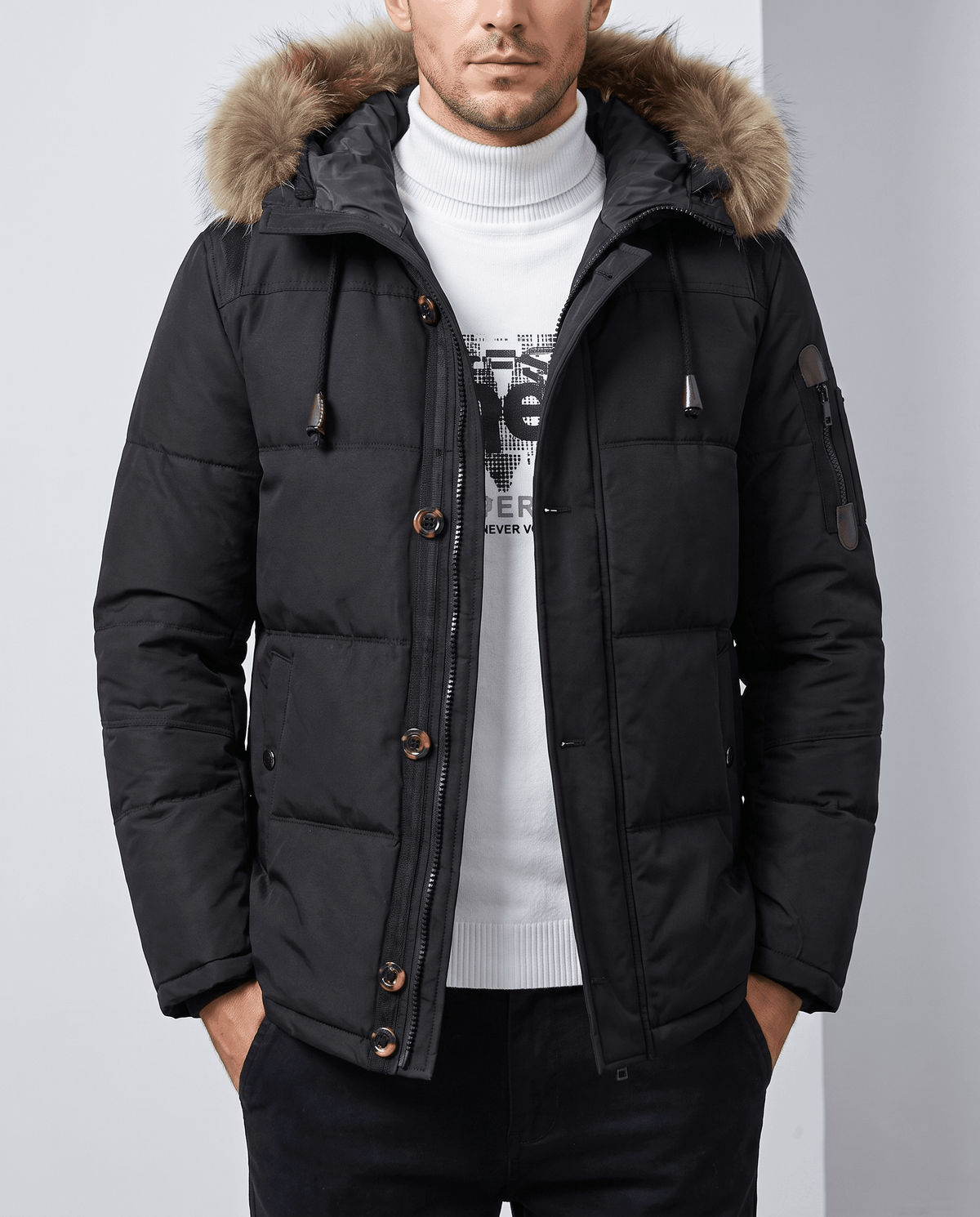 Black duck down winter parka with quilted shell, plush-trim hood, and zip pockets