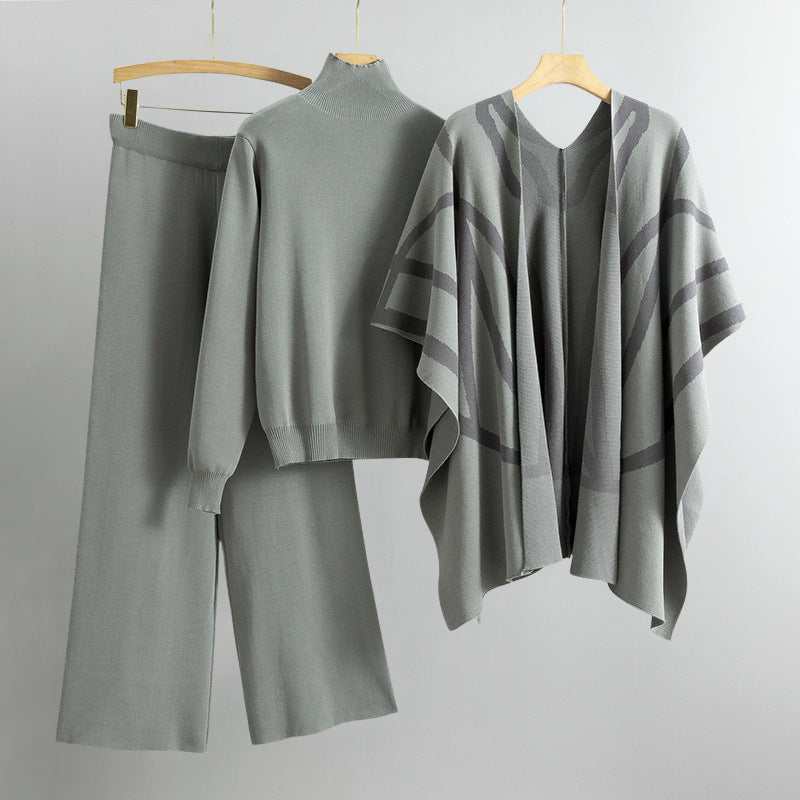 Eleine Women’s Knit Lounge Set – Viscose-Blend Sweater, Cardigan & Wide-Leg Pants