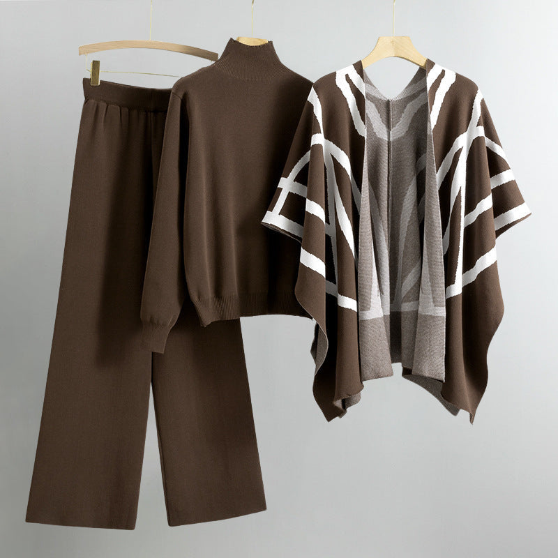 Eleine Women’s Knit Lounge Set – Viscose-Blend Sweater, Cardigan & Wide-Leg Pants