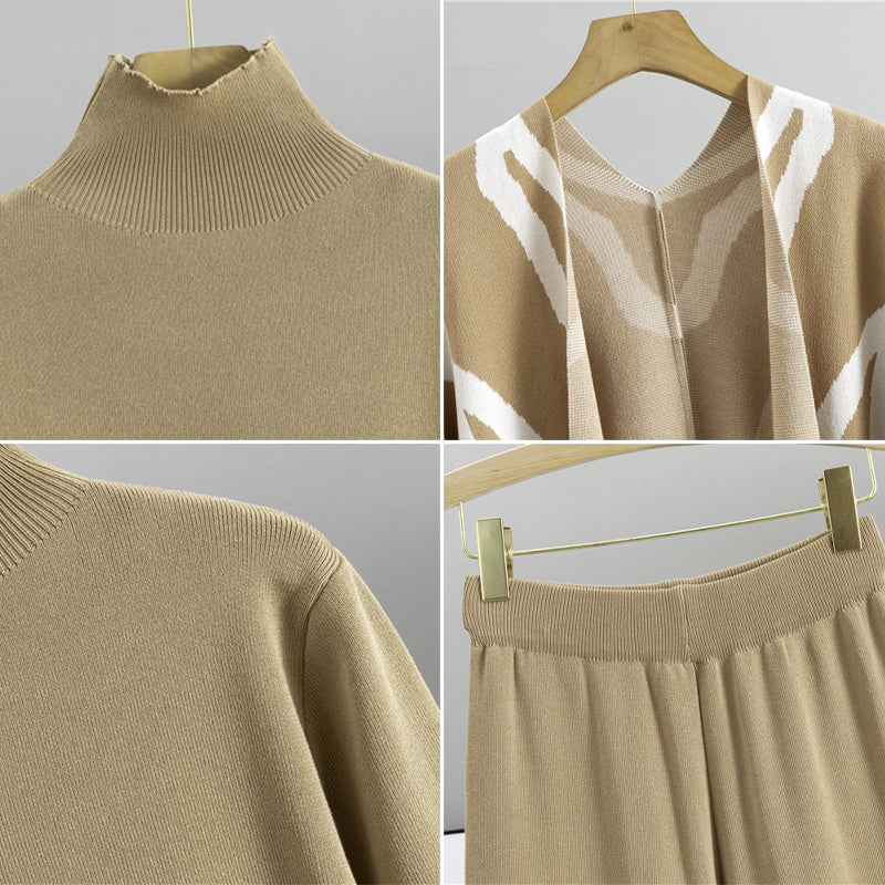 Eleine Women’s Knit Lounge Set – Viscose-Blend Sweater, Cardigan & Wide-Leg Pants