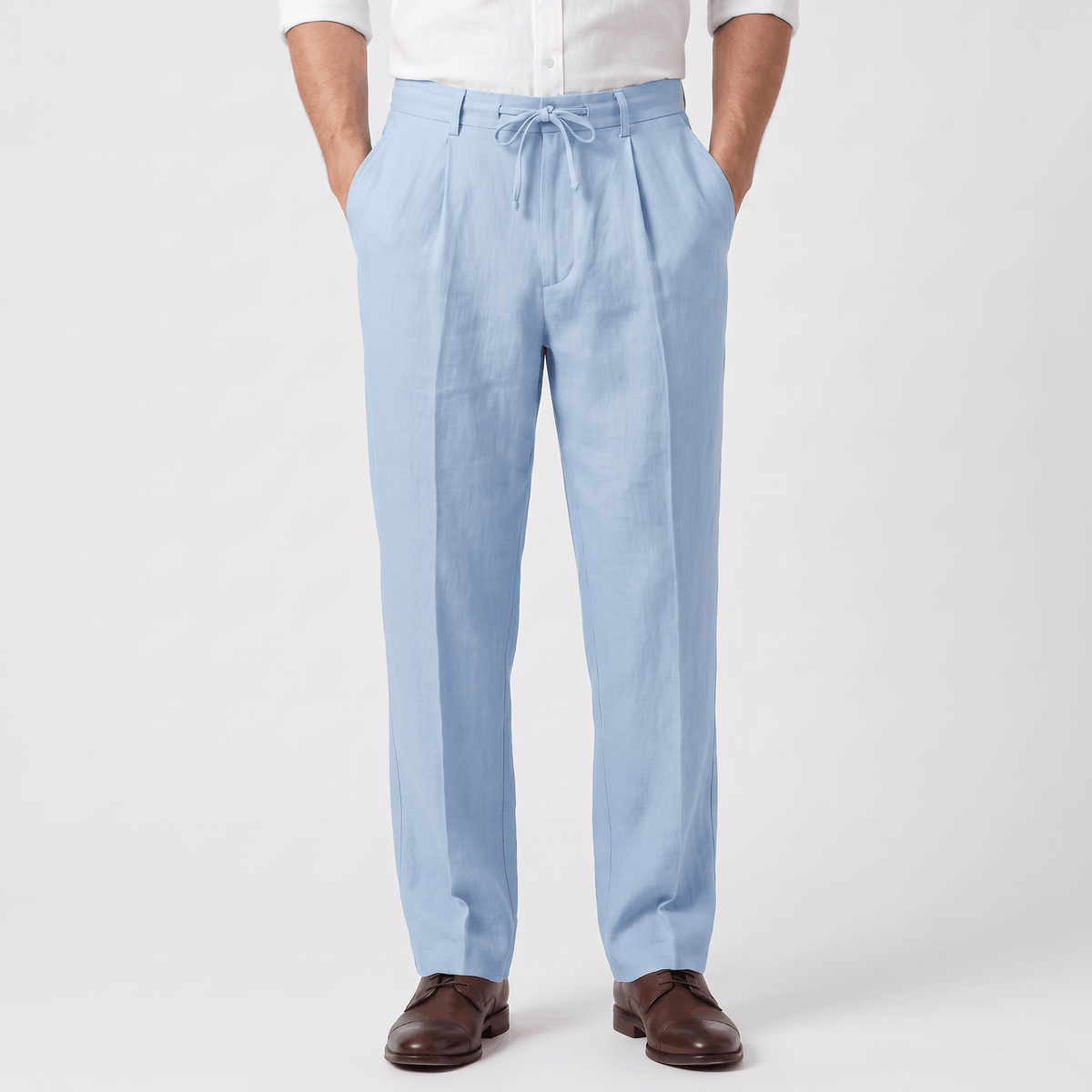 Men's light blue linen drawstring pants with a relaxed straight-leg fit, elastic waistband, and adjustable drawstring.