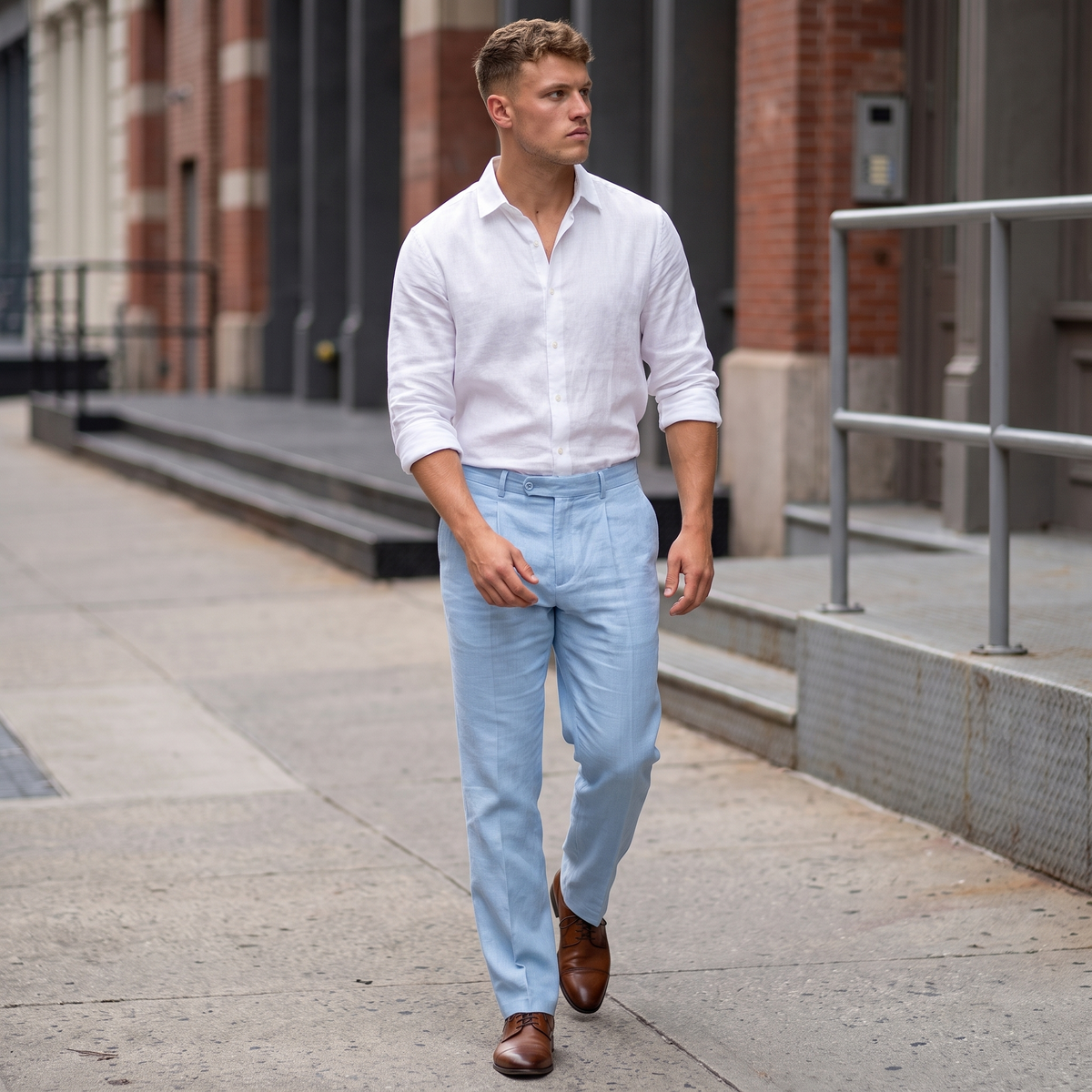 Man wearing light blue linen trousers with a tailored straight-leg fit, a white long-sleeve linen button-up shirt, and brown leather dress shoes while walking in an urban street setting.