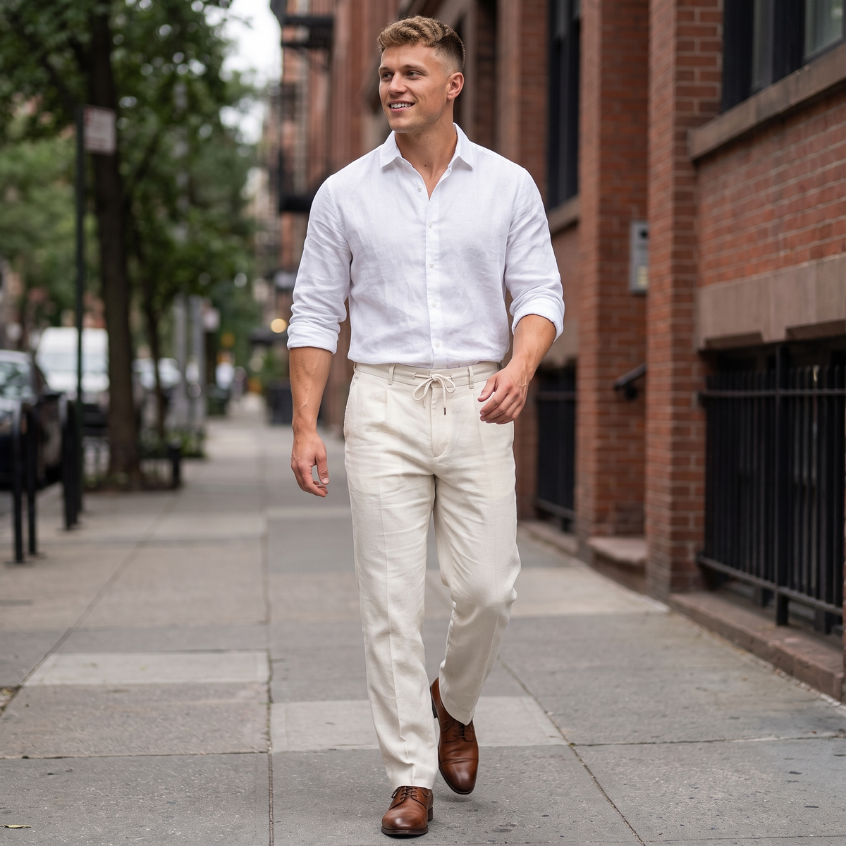 Man wearing cream linen drawstring pants with a relaxed straight-leg fit, a white long-sleeve linen button-up shirt, and brown leather dress shoes while walking along a city sidewalk.