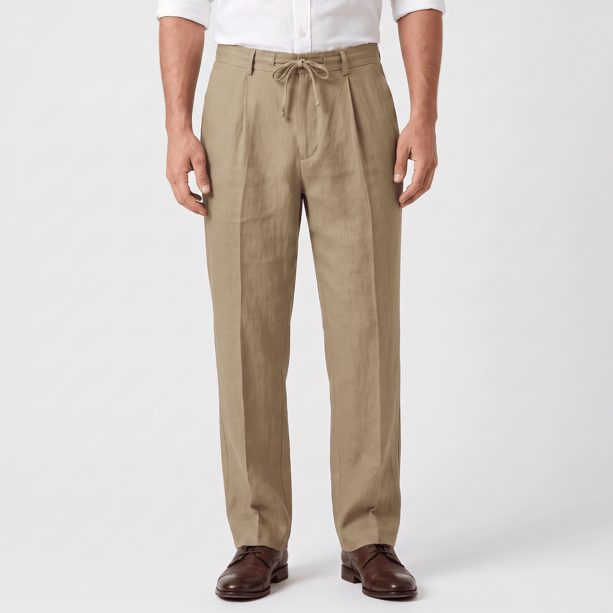 Men's khaki linen drawstring pants with a relaxed straight-leg fit, elastic waistband, adjustable drawstring, and side pockets.
