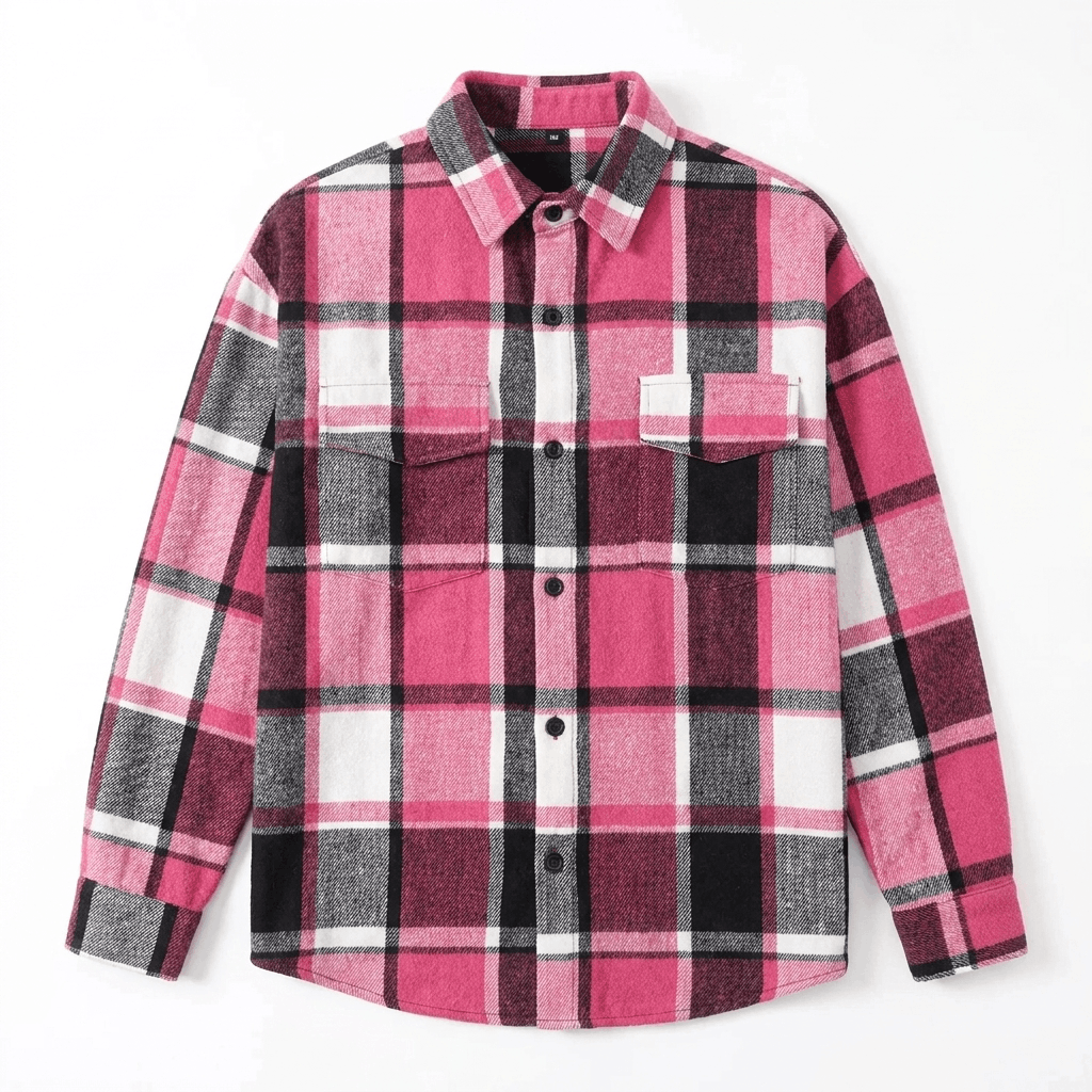 Pink, burgundy, and white plaid overshirt jacket displayed flat, featuring a pointed collar, button-front closure, chest pockets, and long sleeves.