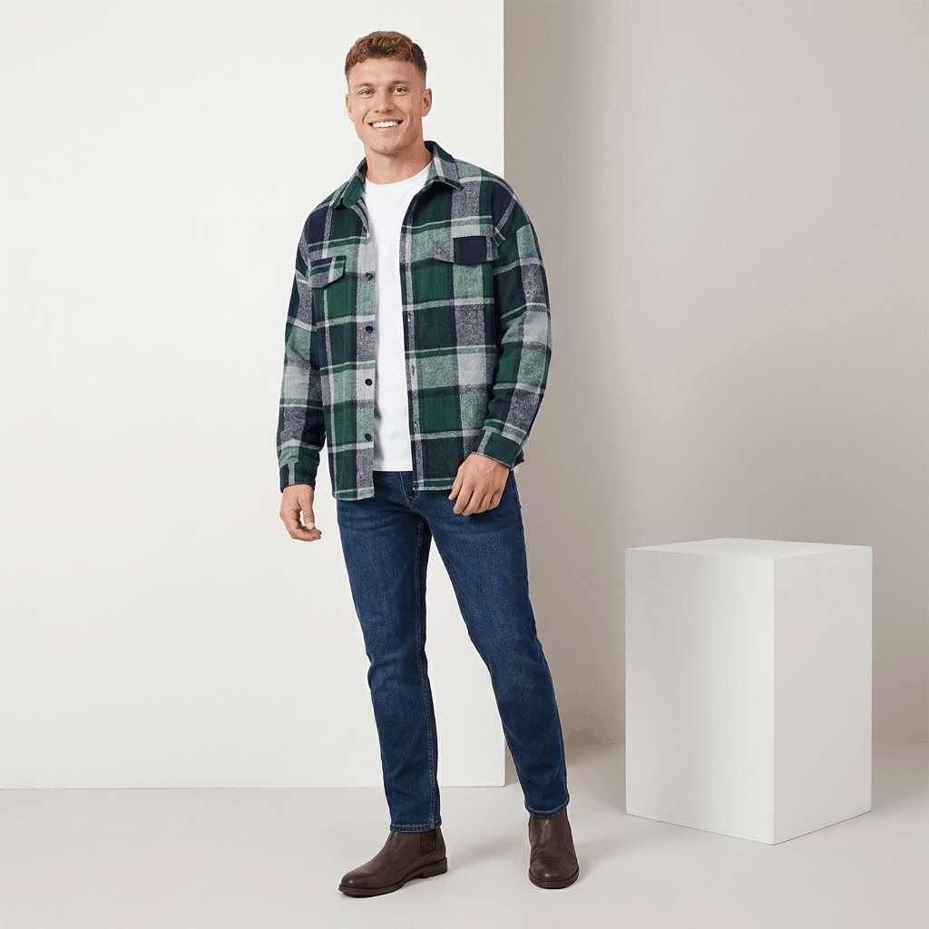 Man wearing a green, navy, and white plaid overshirt jacket with dark jeans and brown shoes in a studio setting.