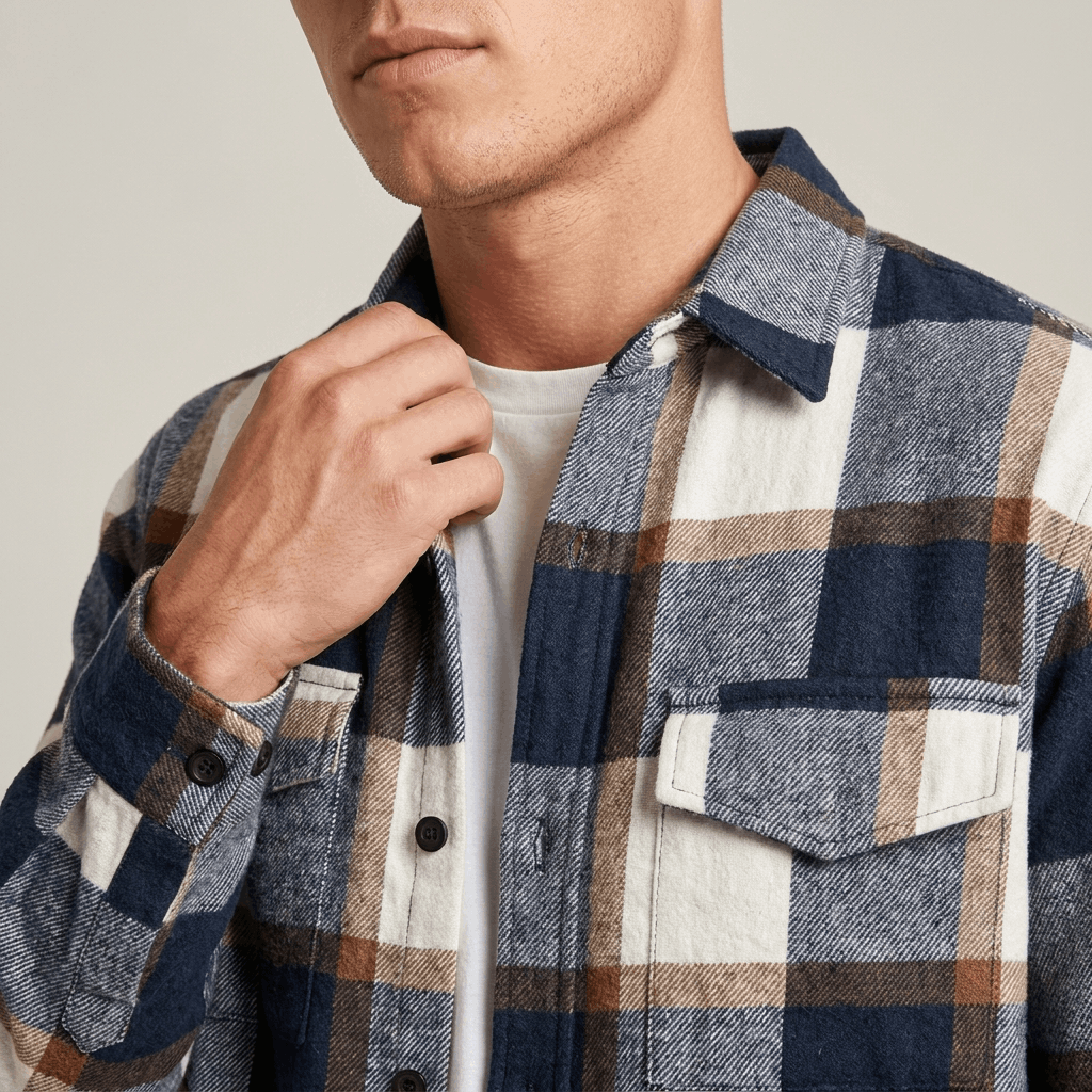 Close-up of a navy, gray, and cream plaid overshirt jacket showing the pointed collar, button-front closure, and textured plaid fabric.