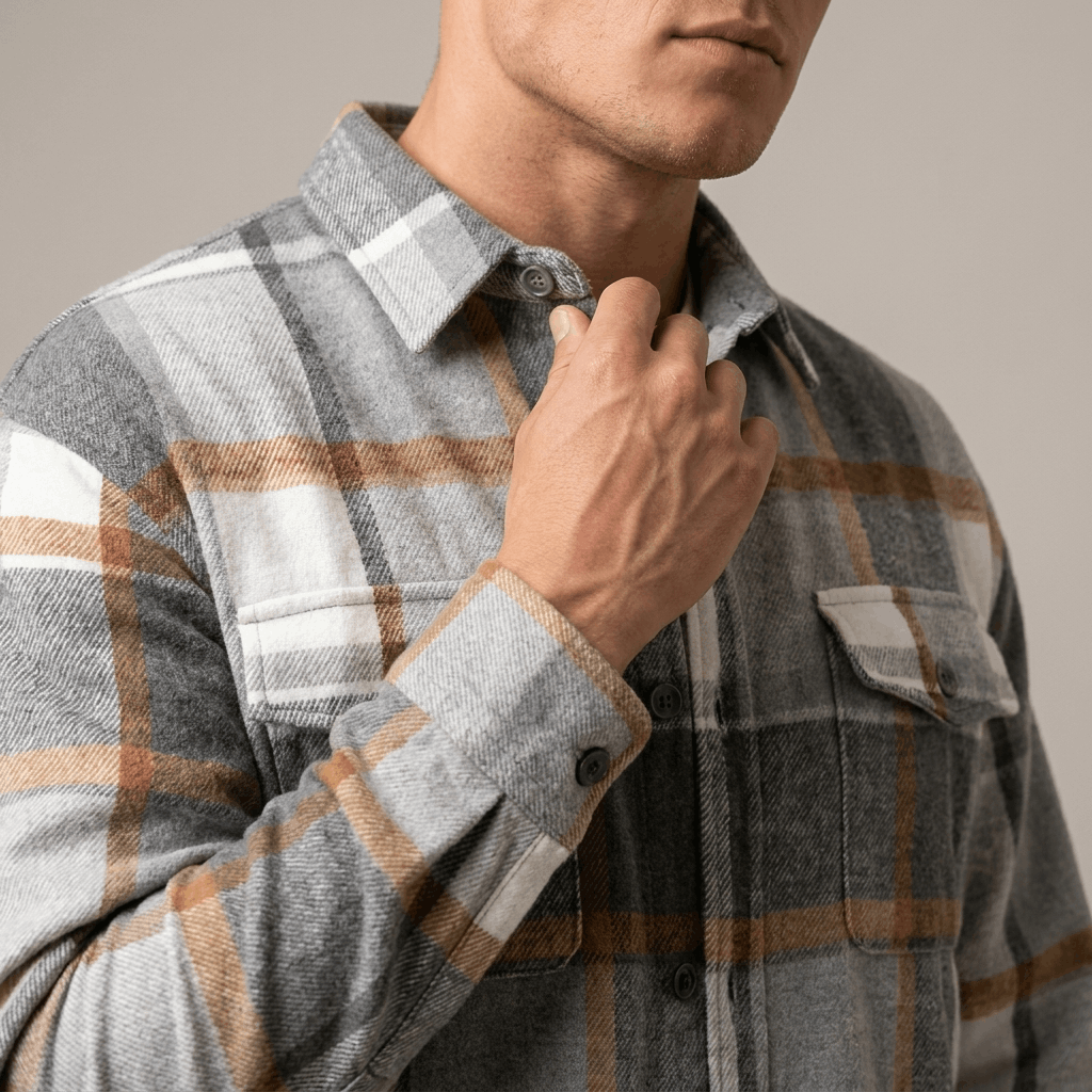 Close-up of a gray, white, and tan plaid overshirt jacket showing the pointed collar, button-front closure, and textured plaid fabric.