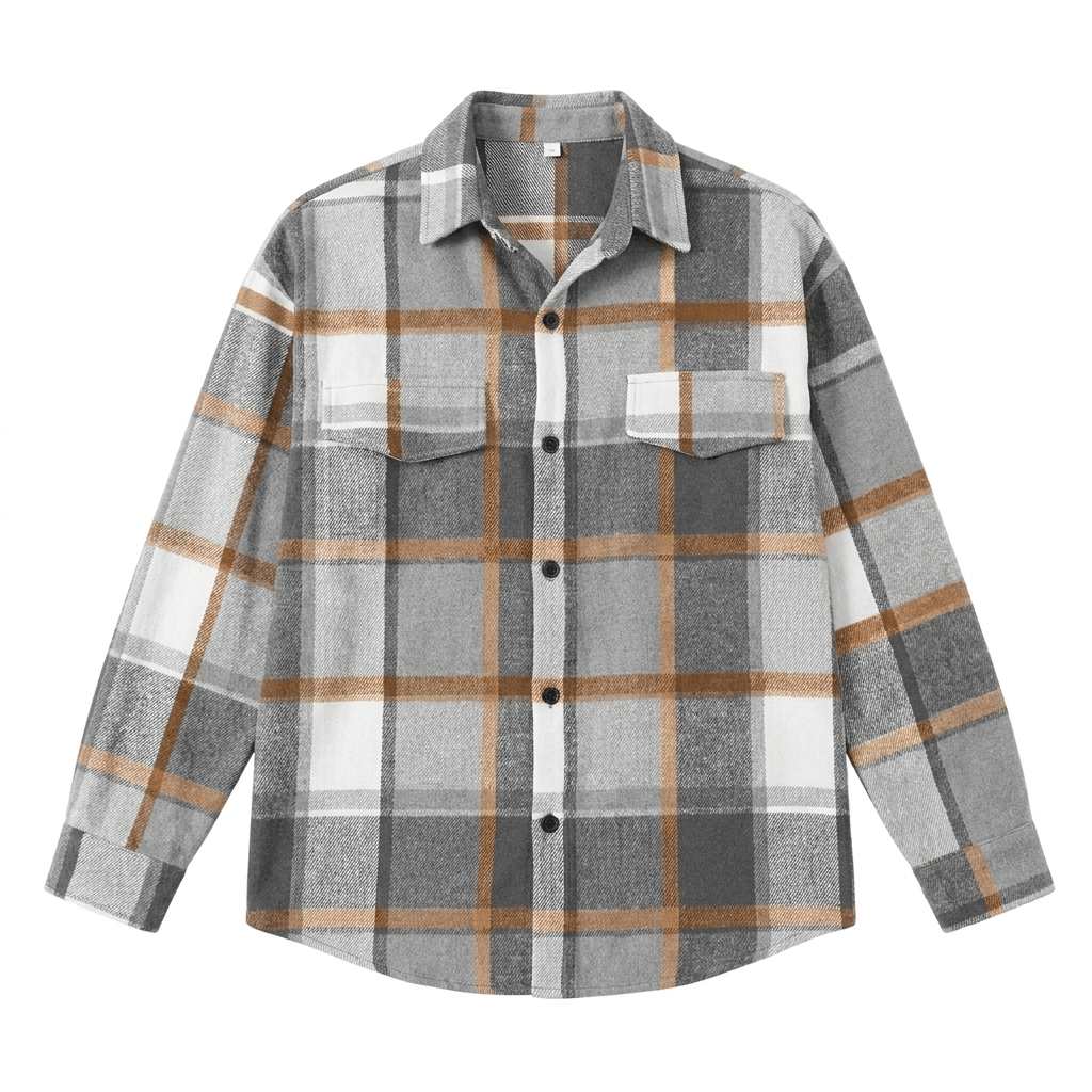 Gray, white, and tan plaid overshirt jacket displayed flat, featuring a pointed collar, button-front closure, chest pockets, and long sleeves.