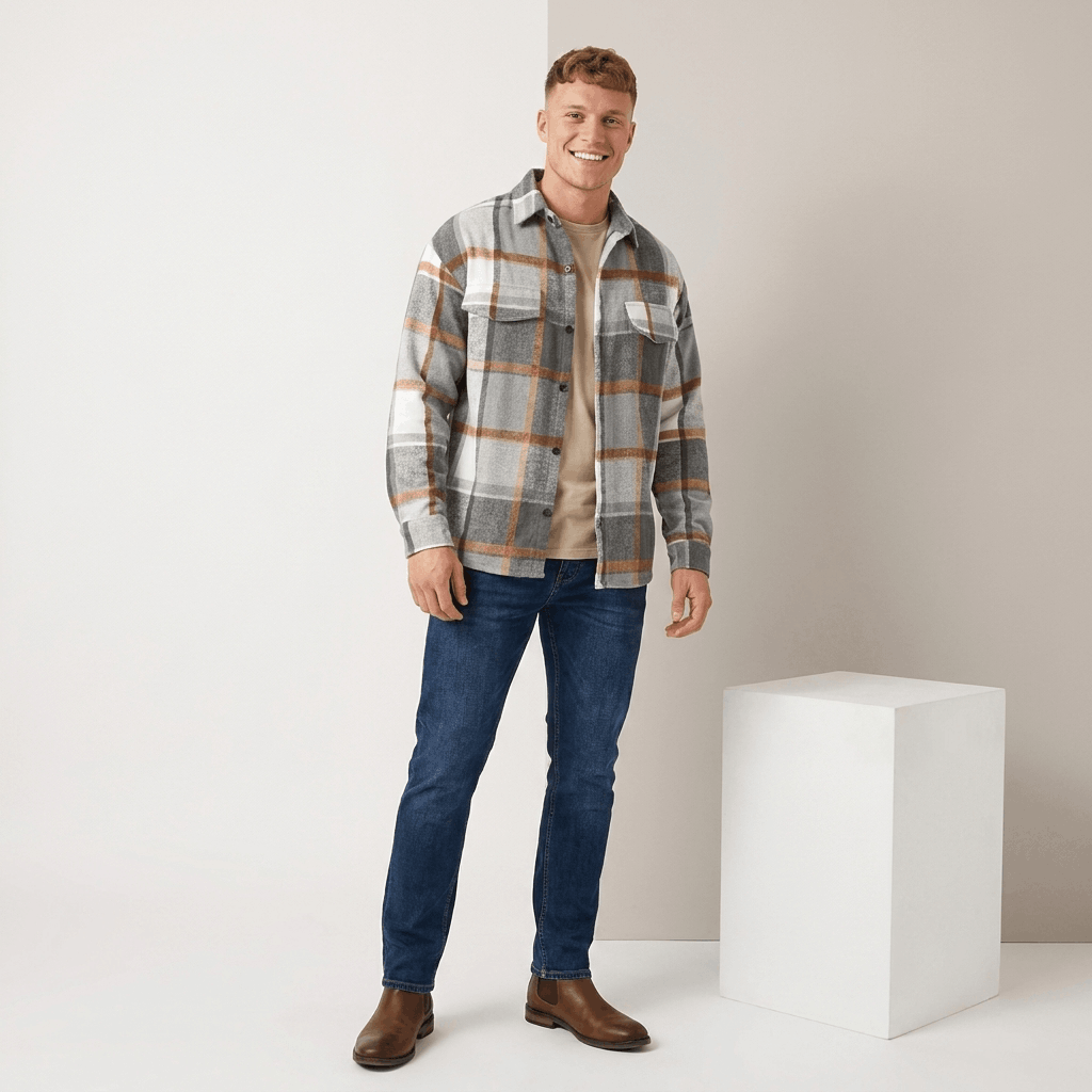 Man wearing a gray, white, and tan plaid overshirt jacket with blue jeans and brown shoes in a studio setting.
